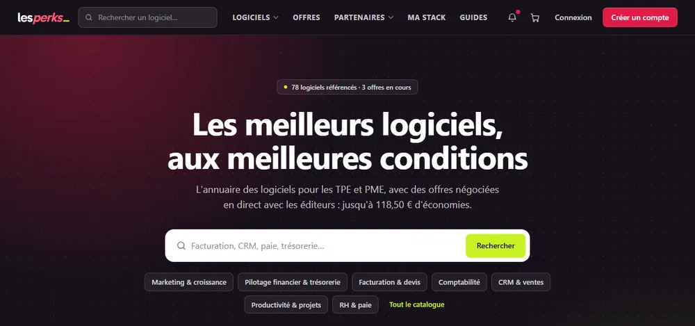 Page d'accueil de lesperks.fr : « Les meilleurs logiciels, aux meilleures conditions » et une barre de recherche.